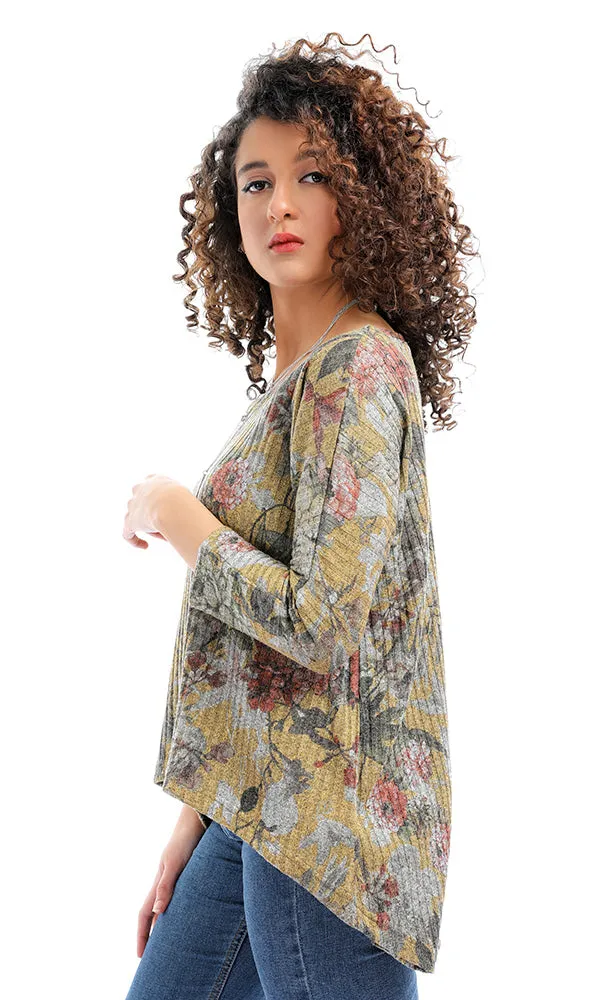 54016 Multicolour High Low Floral Slip On Ribbed Top