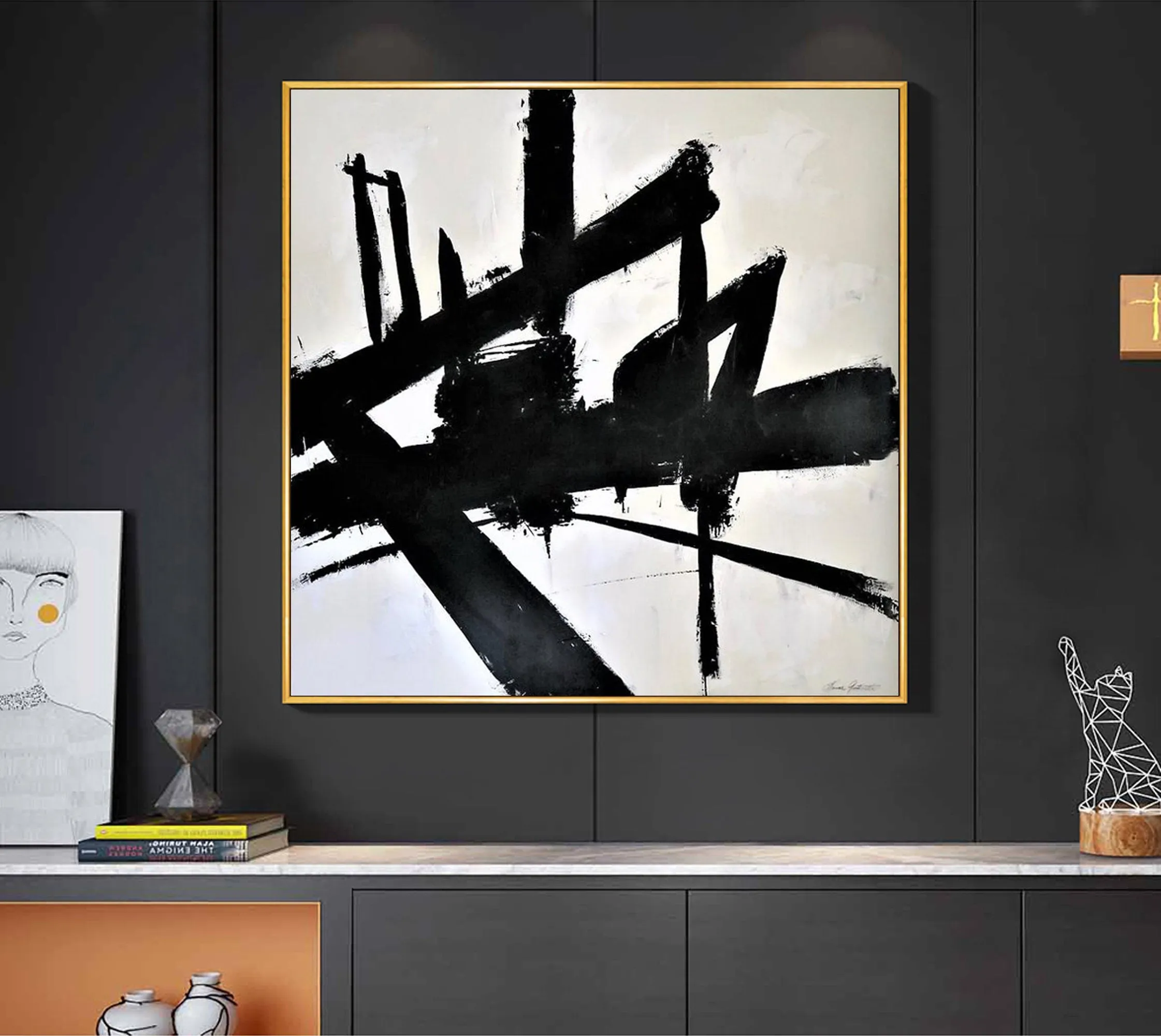 Black And White Canvas Art Abstact Painting for Bedroom Op022