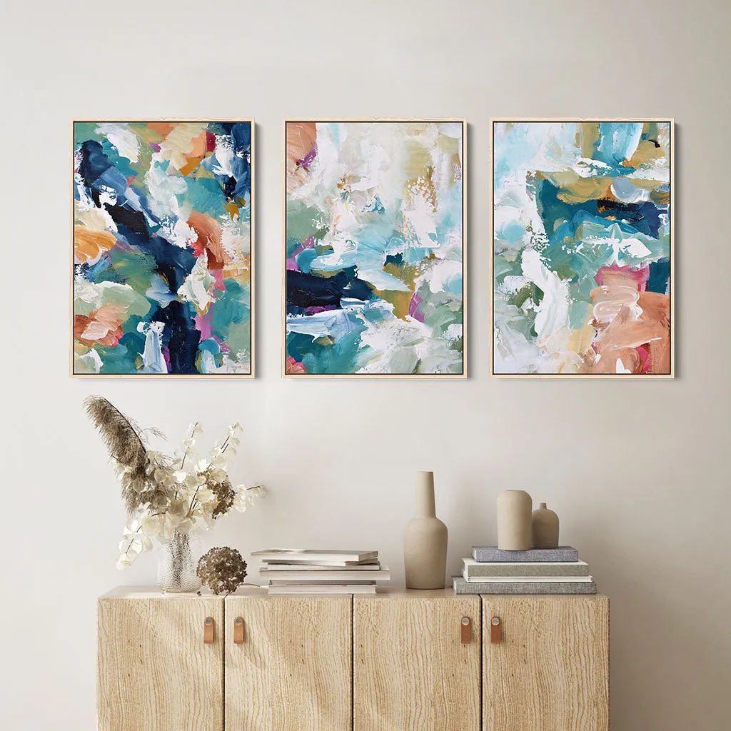 Blush On Teal Strokes Canvas Set Of 3