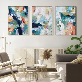 Blush On Teal Strokes Canvas Set Of 3