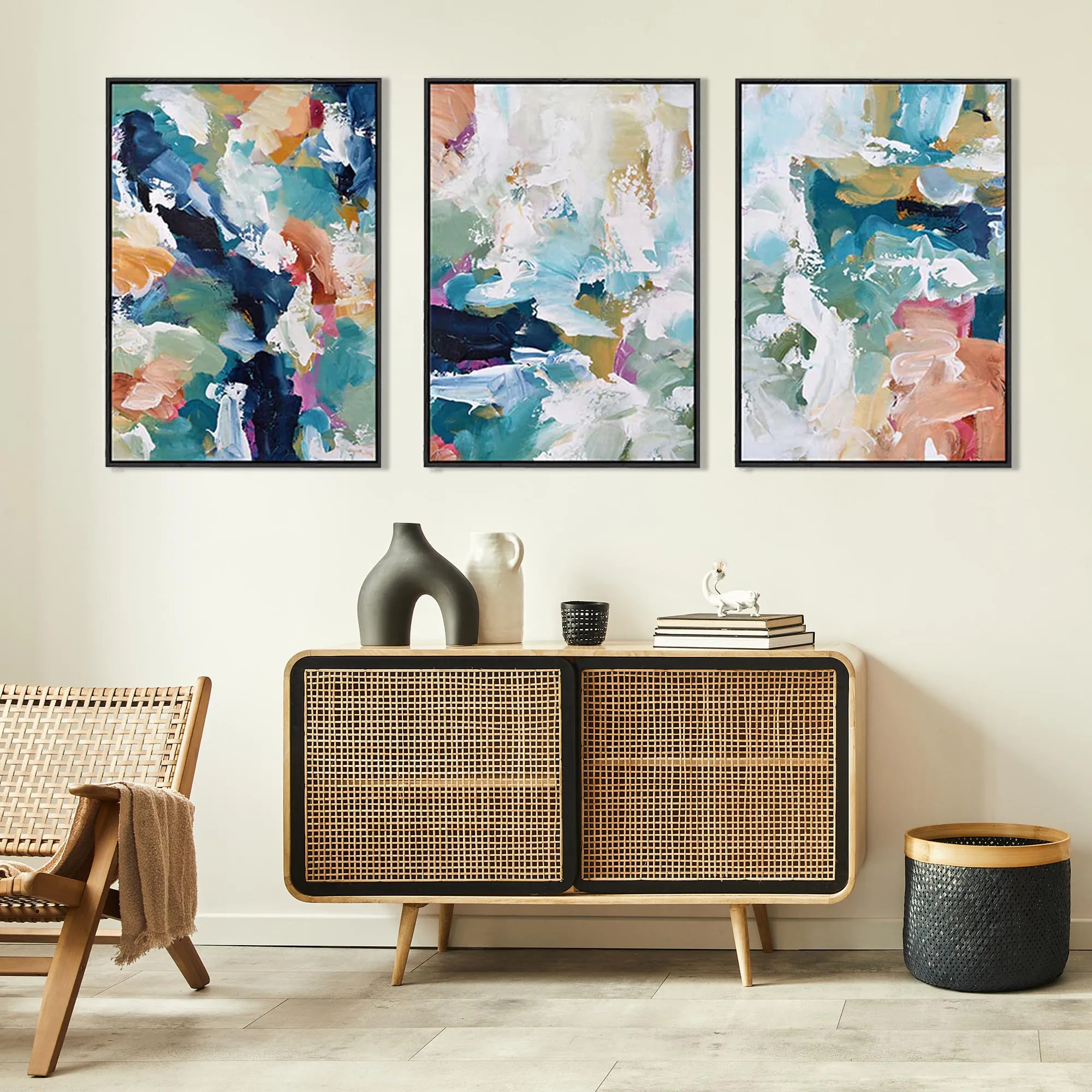 Blush On Teal Strokes Canvas Set Of 3