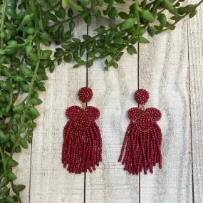 BURGUNDY/GOLD SEEDBEAD SWIRL AND TASSEL EARRINGS