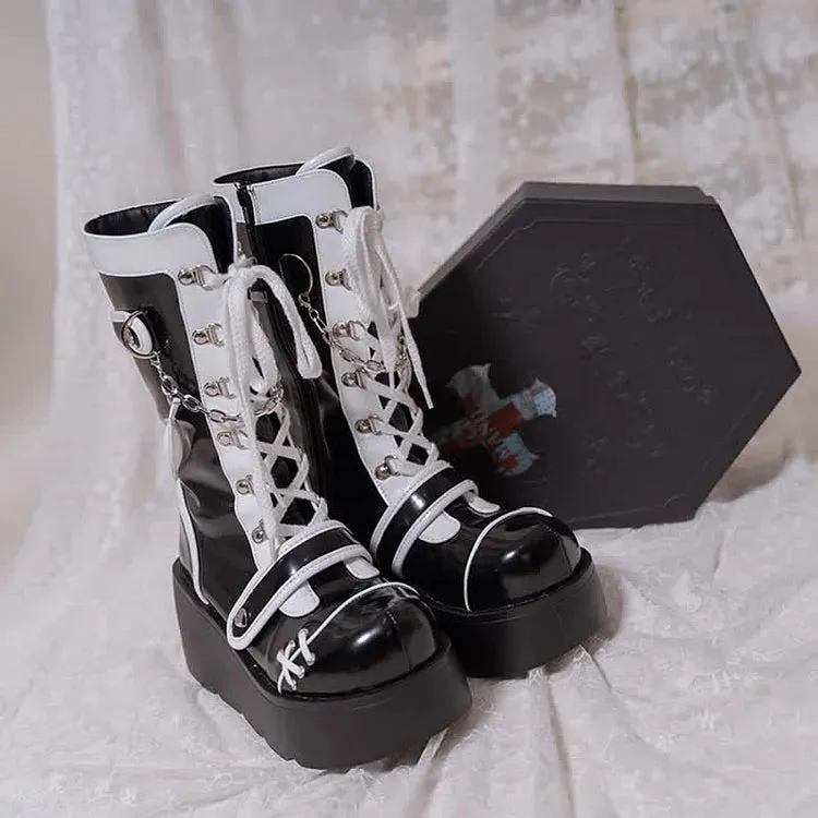 Colorblock Lace Up Platform Lolita Heart Martin Boots