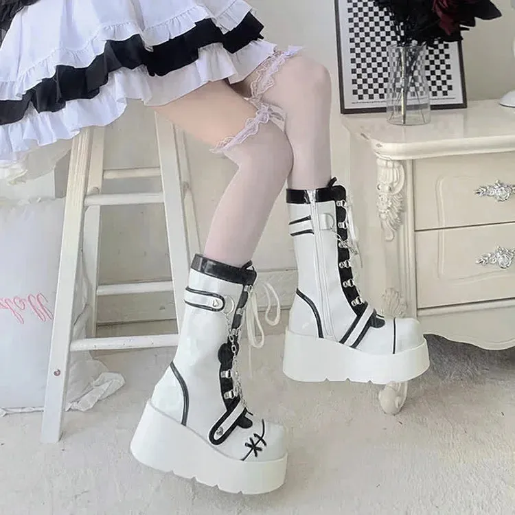 Colorblock Lace Up Platform Lolita Heart Martin Boots