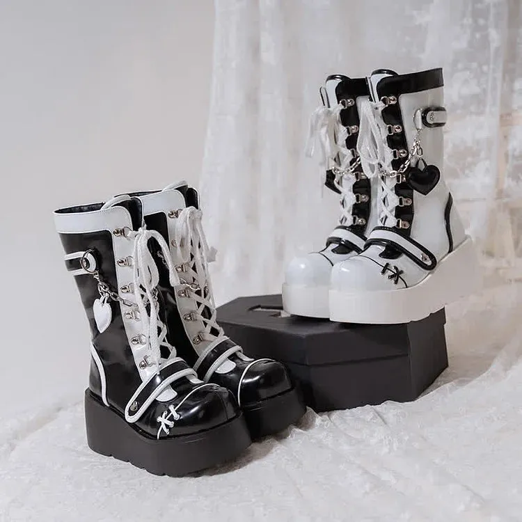 Colorblock Lace Up Platform Lolita Heart Martin Boots