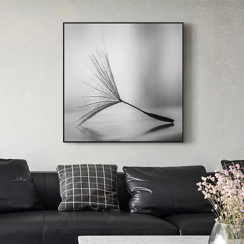 Delicate Dandelion Minimalist Black White Wall Art Fine Art Canvas Prints Square Format Pictures For Simple Living Room Bedroom Art Decor