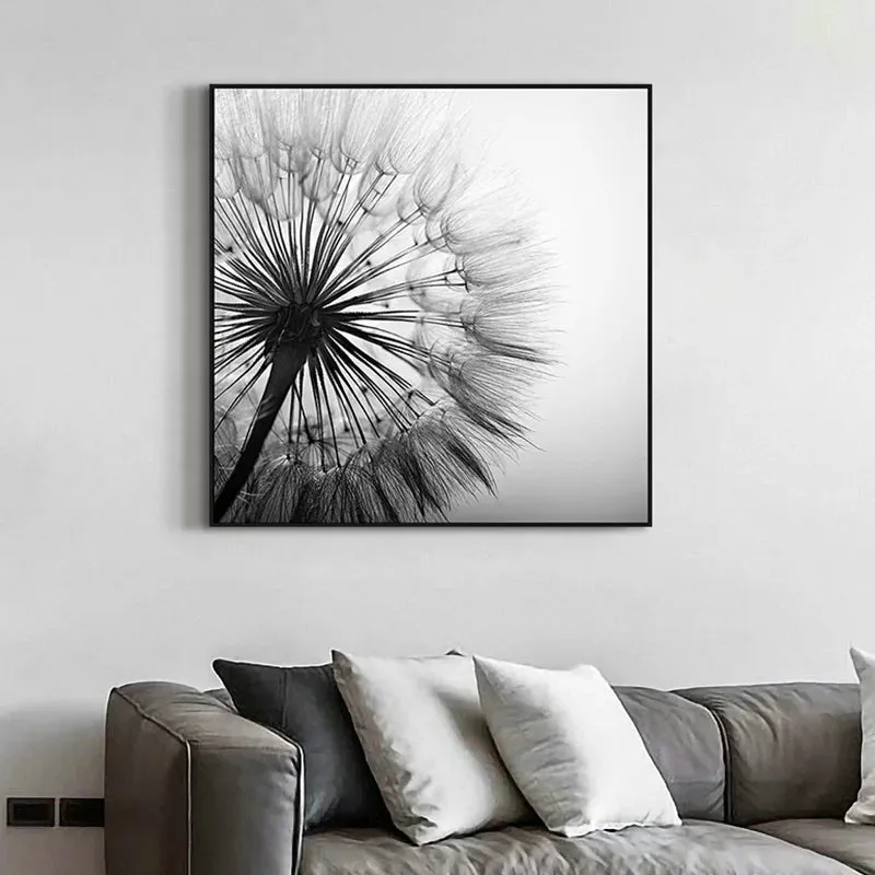Delicate Dandelion Minimalist Black White Wall Art Fine Art Canvas Prints Square Format Pictures For Simple Living Room Bedroom Art Decor