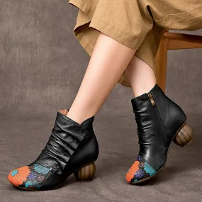 Genuine Cow Leather Short Boots 55mm Mid Heel Side Zip Shoes For Women in Black