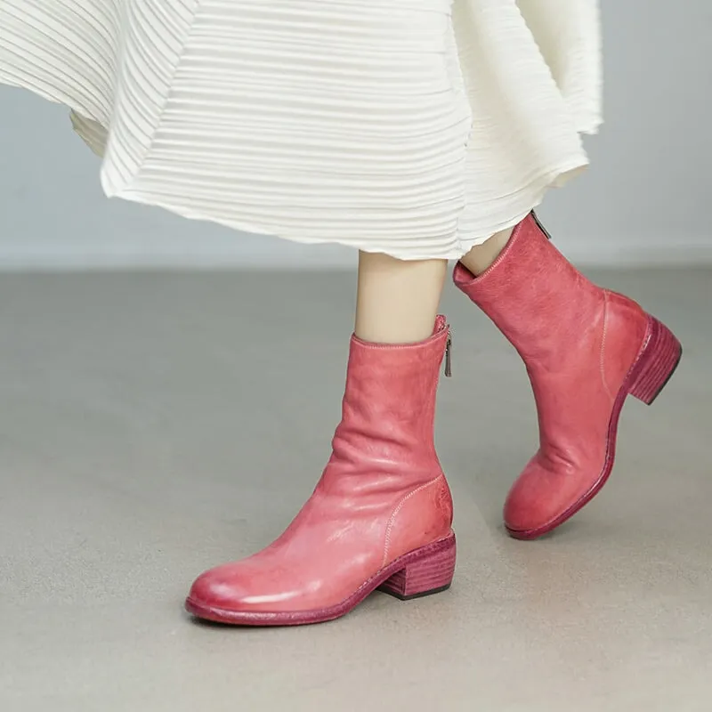 Horse Leather Chelsea Boots Leather Sole Short Boots For Women Back Zip In Black/Grey/Pink/Red