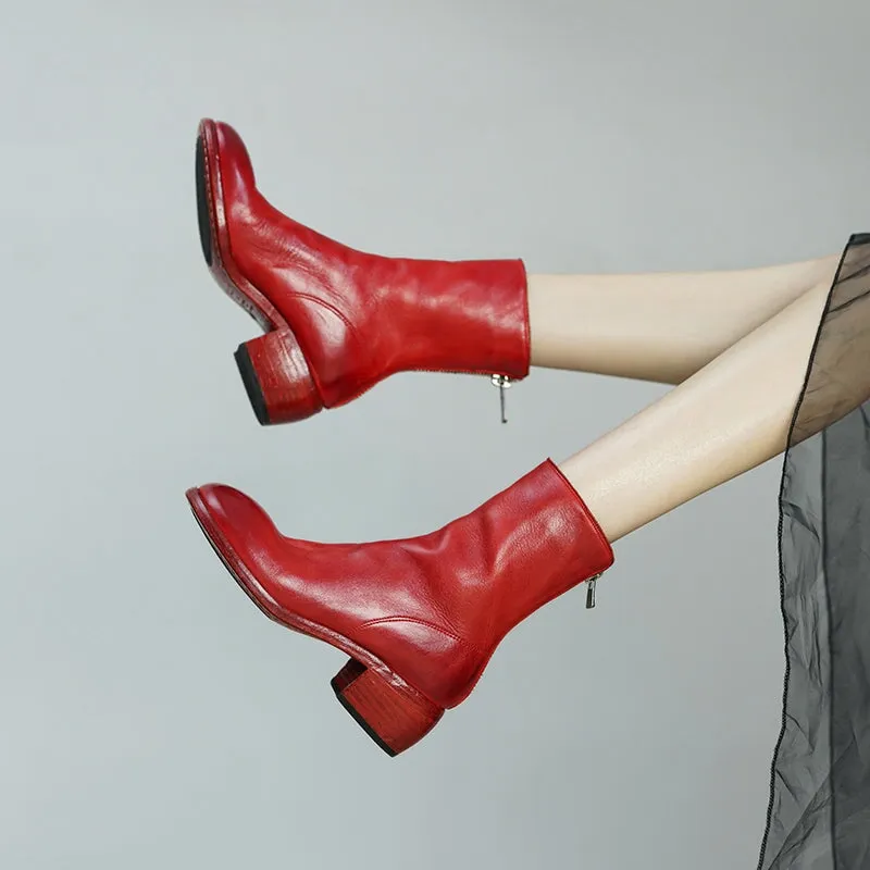 Horse Leather Chelsea Boots Leather Sole Short Boots For Women Back Zip In Black/Grey/Pink/Red
