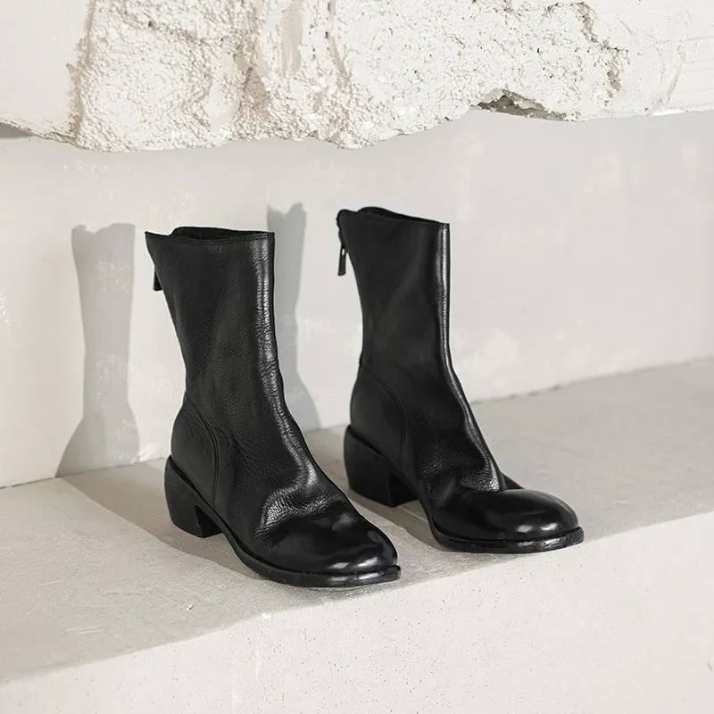 Horse Leather Chelsea Boots Leather Sole Short Boots For Women Back Zip In Black/Grey/Pink/Red