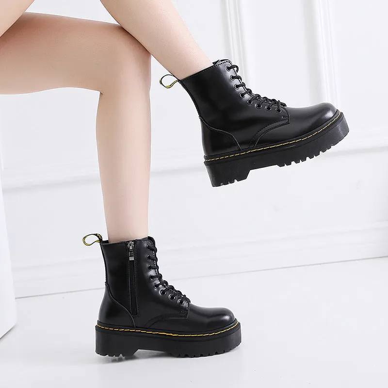 HOTan and NEWn Jadon Thick-Soled 8-Hole Martin Boots 1460-Side Zipper British Women's Ankle Boots Muffin Bottom Lace-up Motorcycle Boots