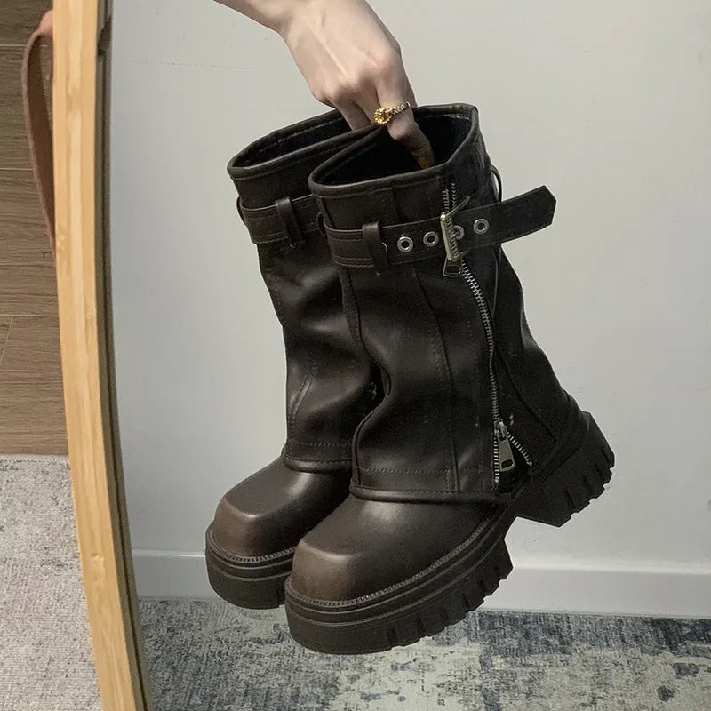 Joskaa Brown Slimming British Style Thick-Soled Martin Boots for Women 2024 New Autumn Small Chunky Heel Retro Short Boots