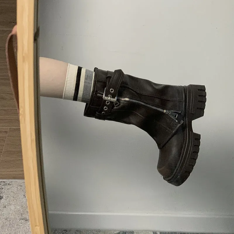 Joskaa Brown Slimming British Style Thick-Soled Martin Boots for Women 2024 New Autumn Small Chunky Heel Retro Short Boots