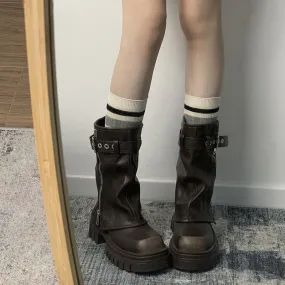 Joskaa Brown Slimming British Style Thick-Soled Martin Boots for Women 2024 New Autumn Small Chunky Heel Retro Short Boots