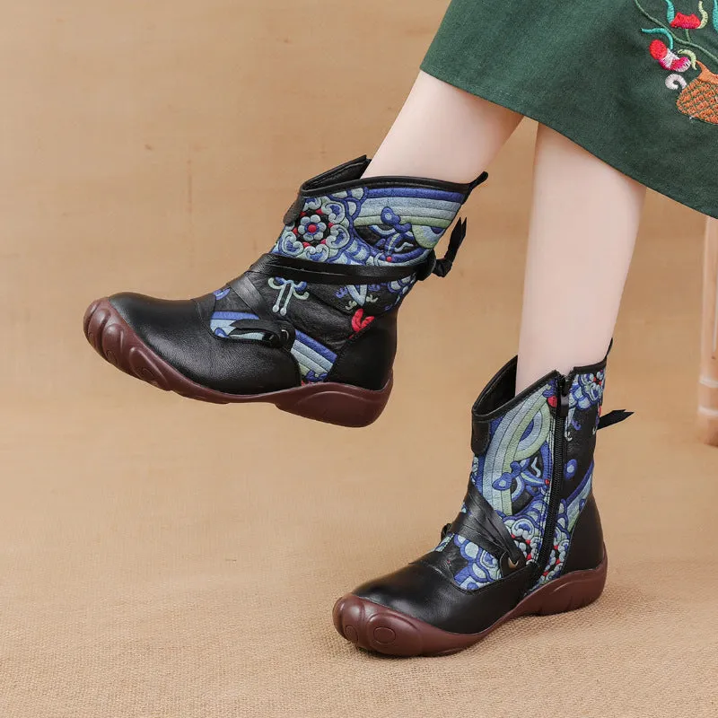 kamames And Winter New Flat Bottom Bottom Martin Boots National Wind Print Retro Leather Women's Boots Warm And Comfortable Cotton Shoes