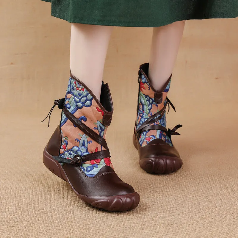 kamames And Winter New Flat Bottom Bottom Martin Boots National Wind Print Retro Leather Women's Boots Warm And Comfortable Cotton Shoes