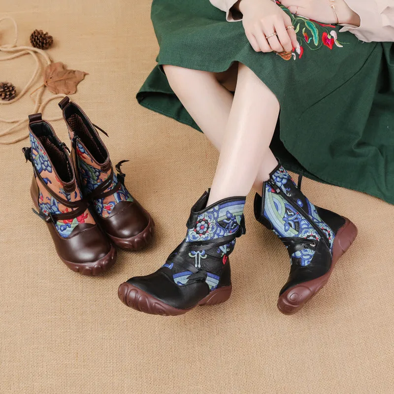 kamames And Winter New Flat Bottom Bottom Martin Boots National Wind Print Retro Leather Women's Boots Warm And Comfortable Cotton Shoes