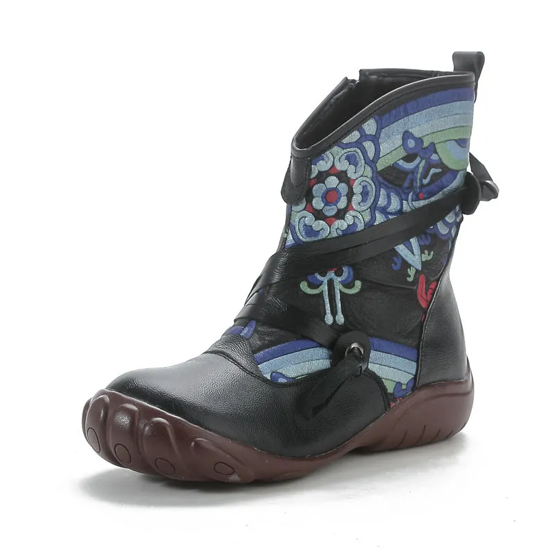 kamames And Winter New Flat Bottom Bottom Martin Boots National Wind Print Retro Leather Women's Boots Warm And Comfortable Cotton Shoes