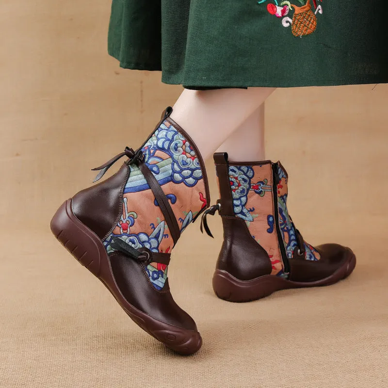 kamames And Winter New Flat Bottom Bottom Martin Boots National Wind Print Retro Leather Women's Boots Warm And Comfortable Cotton Shoes