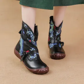 kamames And Winter New Flat Bottom Bottom Martin Boots National Wind Print Retro Leather Women's Boots Warm And Comfortable Cotton Shoes