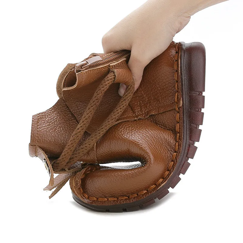 kamames And Winter New Head Layer Cowhide Flat Bottom Soft Bottom Ankle Boots National Wind Leather Retro Martin Boots Warm And Comfortable Cotton Shoes