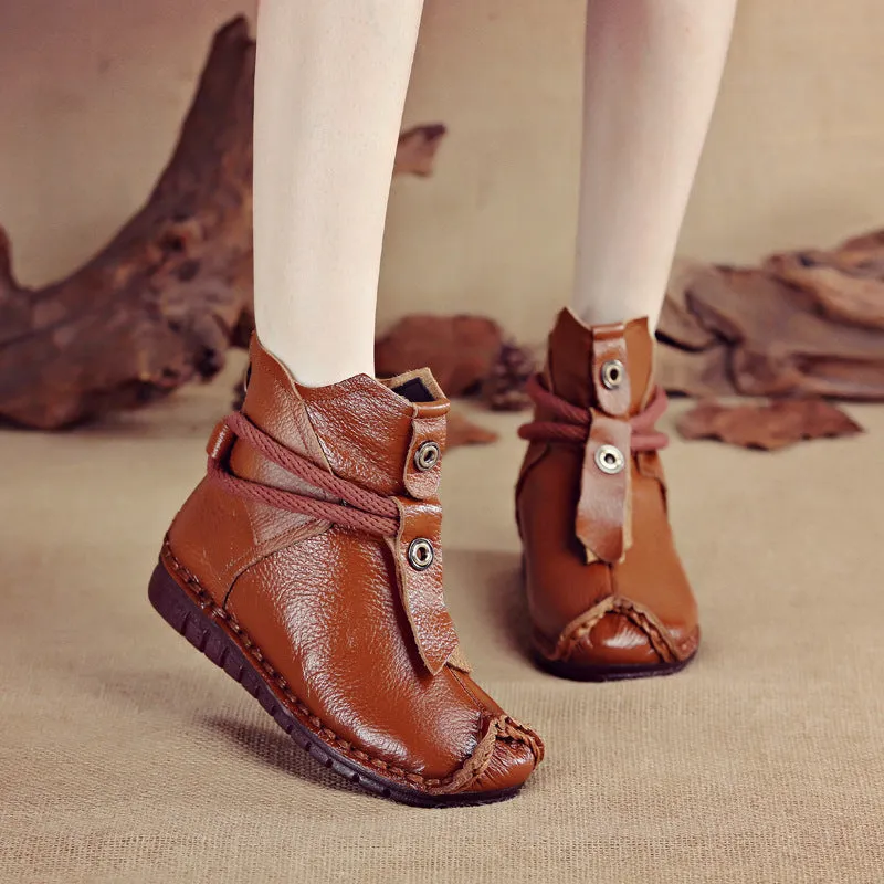 kamames And Winter New Head Layer Cowhide Flat Bottom Soft Bottom Ankle Boots National Wind Leather Retro Martin Boots Warm And Comfortable Cotton Shoes