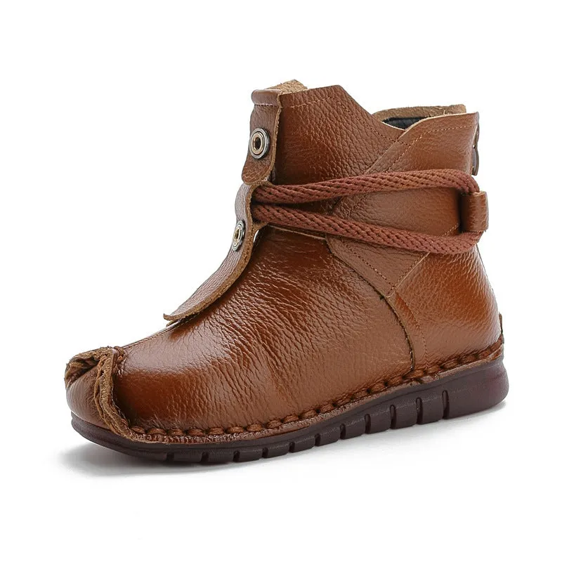kamames And Winter New Head Layer Cowhide Flat Bottom Soft Bottom Ankle Boots National Wind Leather Retro Martin Boots Warm And Comfortable Cotton Shoes