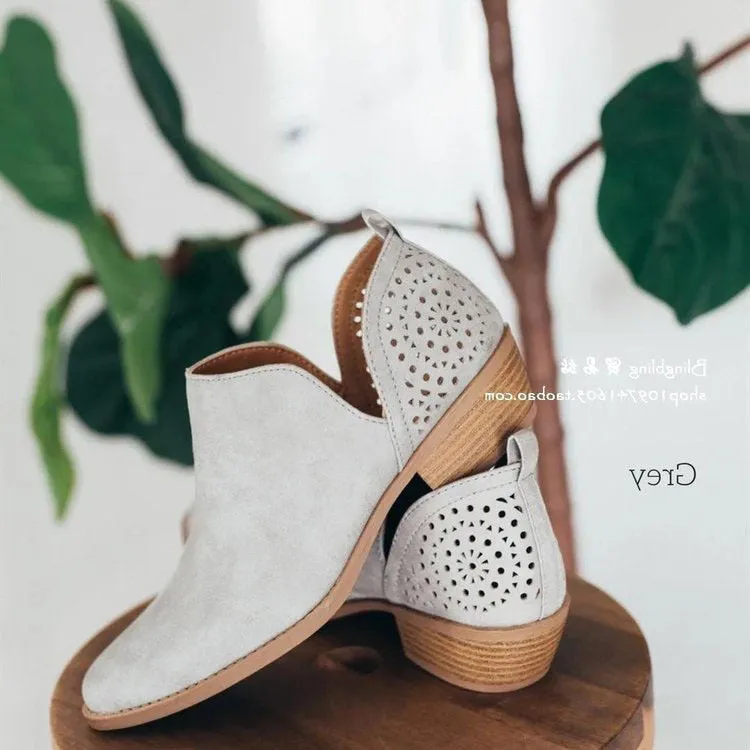 kamames Autumn And Winter New Large-Size Hollowed-Out Short Boots Martin Boots Pointed Low-Heeled Women's Shoes