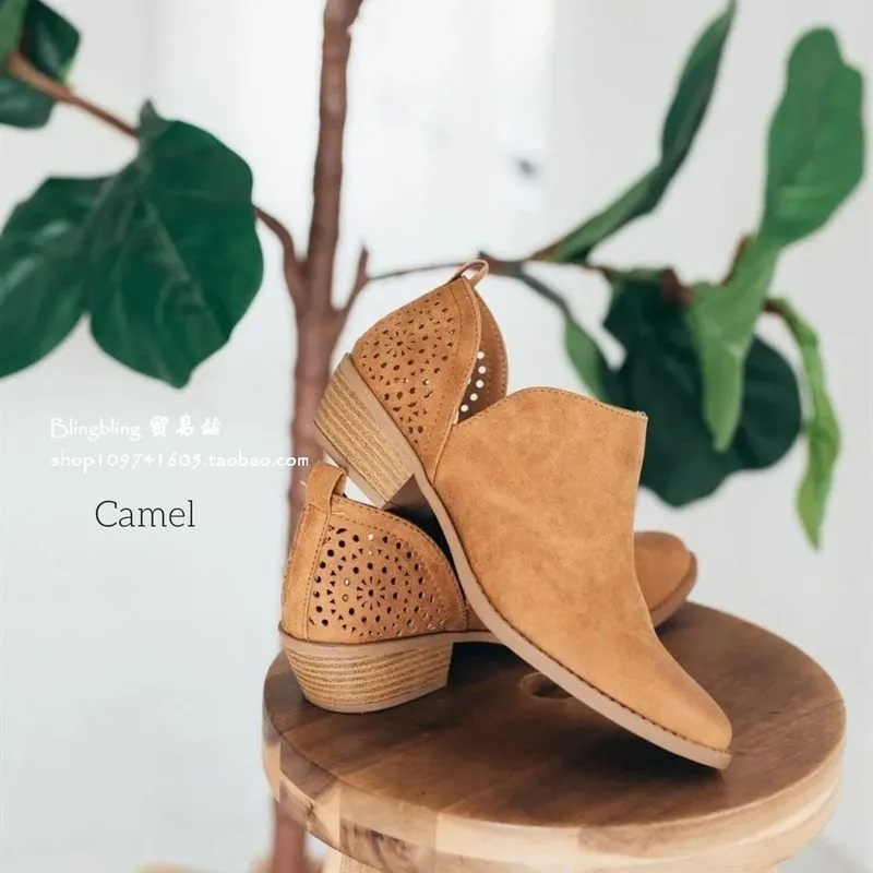 kamames Autumn And Winter New Large-Size Hollowed-Out Short Boots Martin Boots Pointed Low-Heeled Women's Shoes