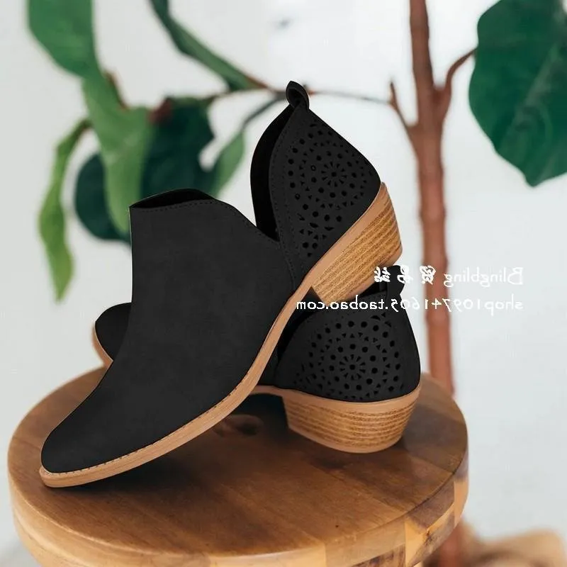 kamames Autumn And Winter New Large-Size Hollowed-Out Short Boots Martin Boots Pointed Low-Heeled Women's Shoes