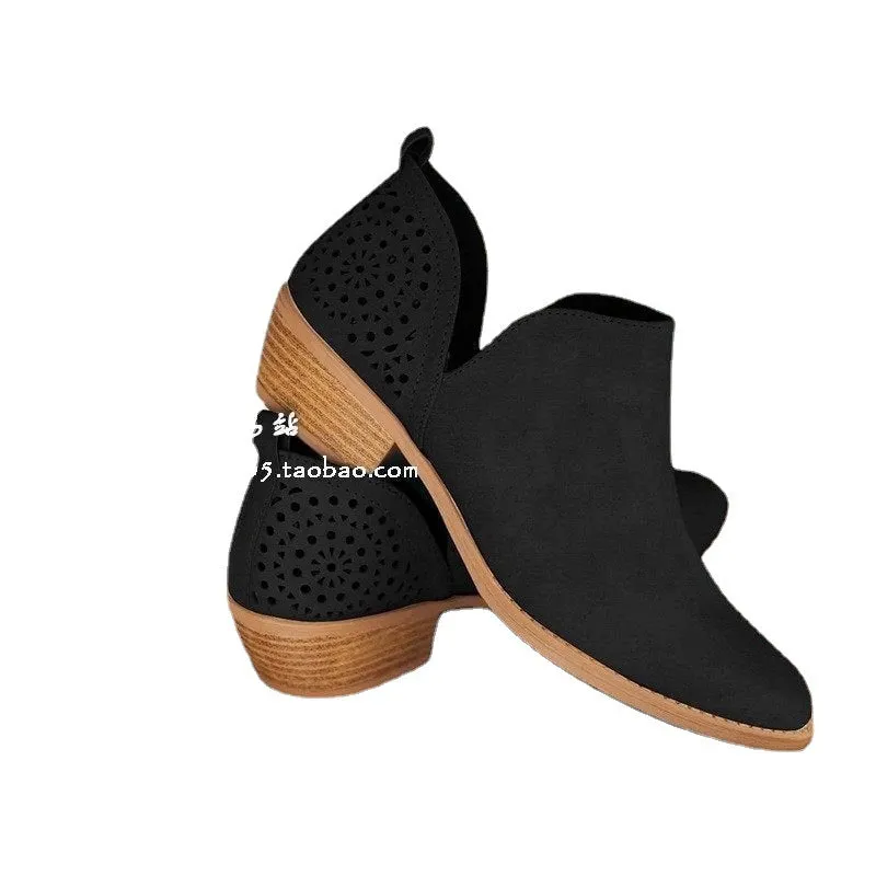 kamames Autumn And Winter New Large-Size Hollowed-Out Short Boots Martin Boots Pointed Low-Heeled Women's Shoes