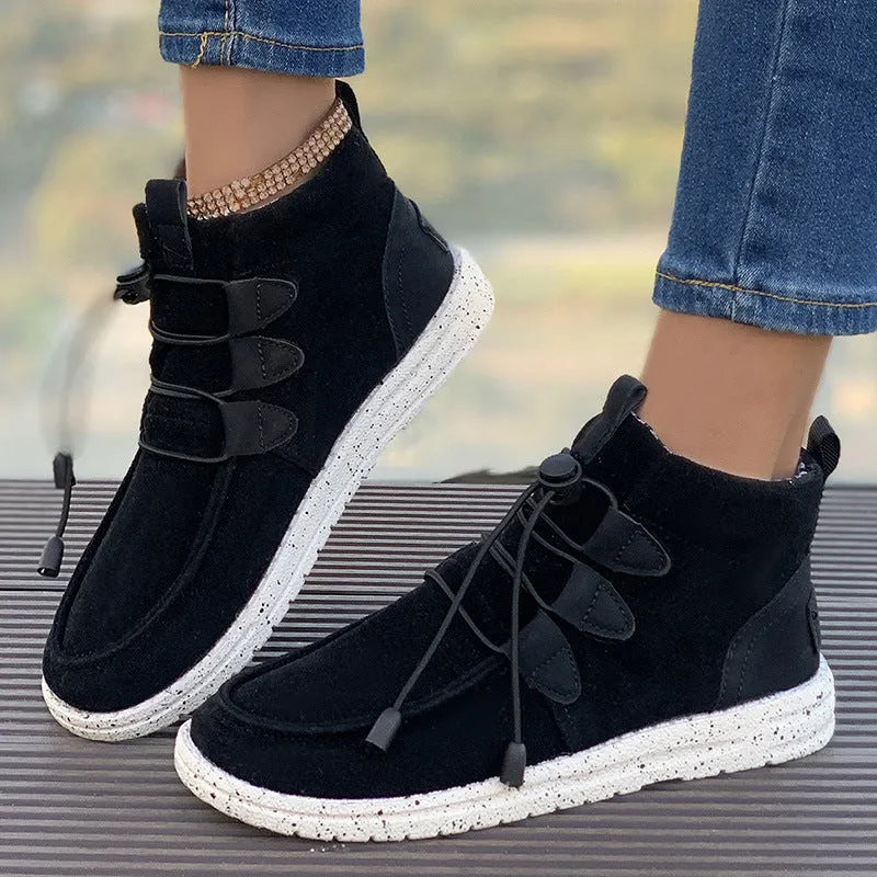 kamames Barrel Women's Suede Cotton Boots 2024 New Elastic Belt Martin Boots Large Size Cotton Shoes High Upper Cloth Casual Shoes