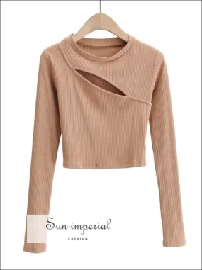 Khaki Hollow out front Rib Fit top Hole front Fit Cropped Long Sleeve T-shirt