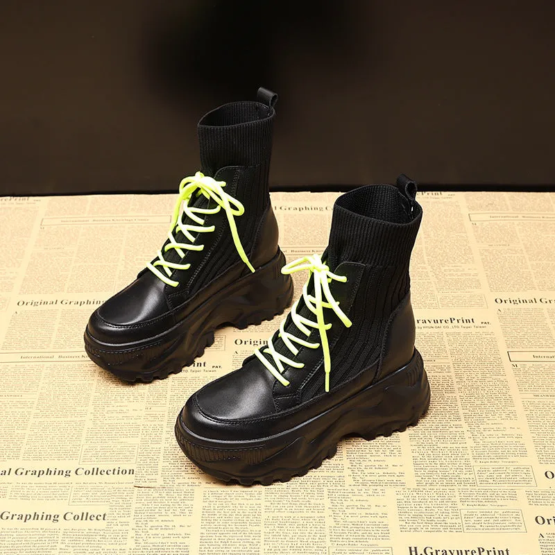 Martin Boots for Women Height Increasing Insole High-Top  Autumn and Winter Korean Style Muffin Bottom Cowhide Black Shoes One Piece Dropshipping Tide