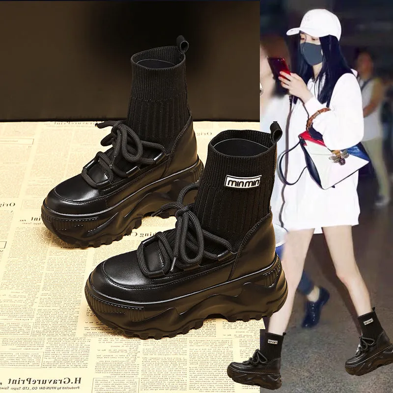 Martin Boots for Women Height Increasing Insole High-Top  Autumn and Winter Korean Style Muffin Bottom Cowhide Black Shoes One Piece Dropshipping Tide