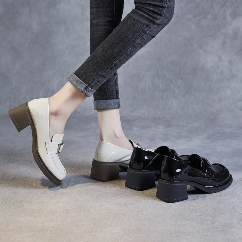 Women Glossy Leather Casual Chunky Heel Loafers