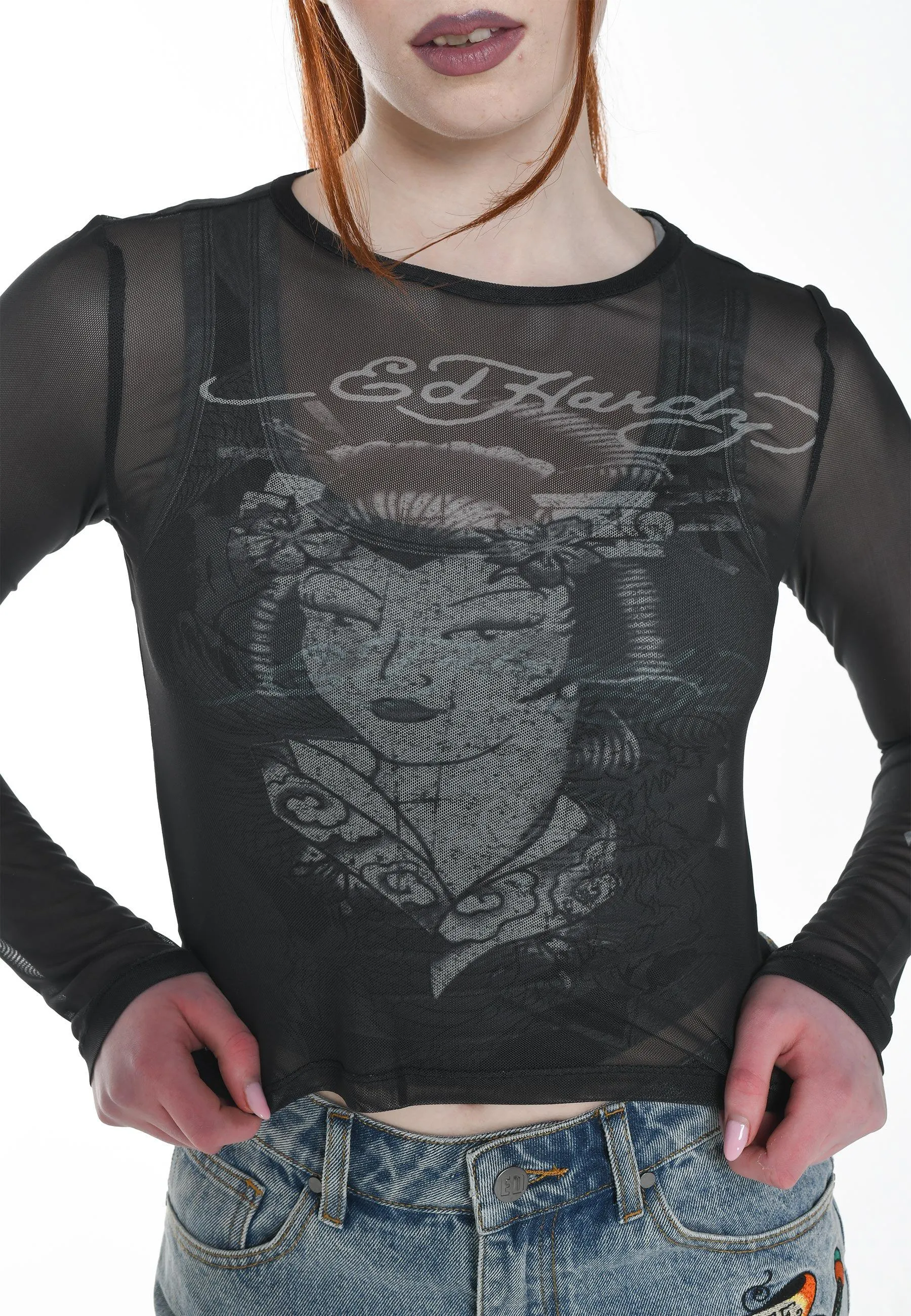 Womens Geisha-Girl Mesh Long Sleeved T-Shirt - Black