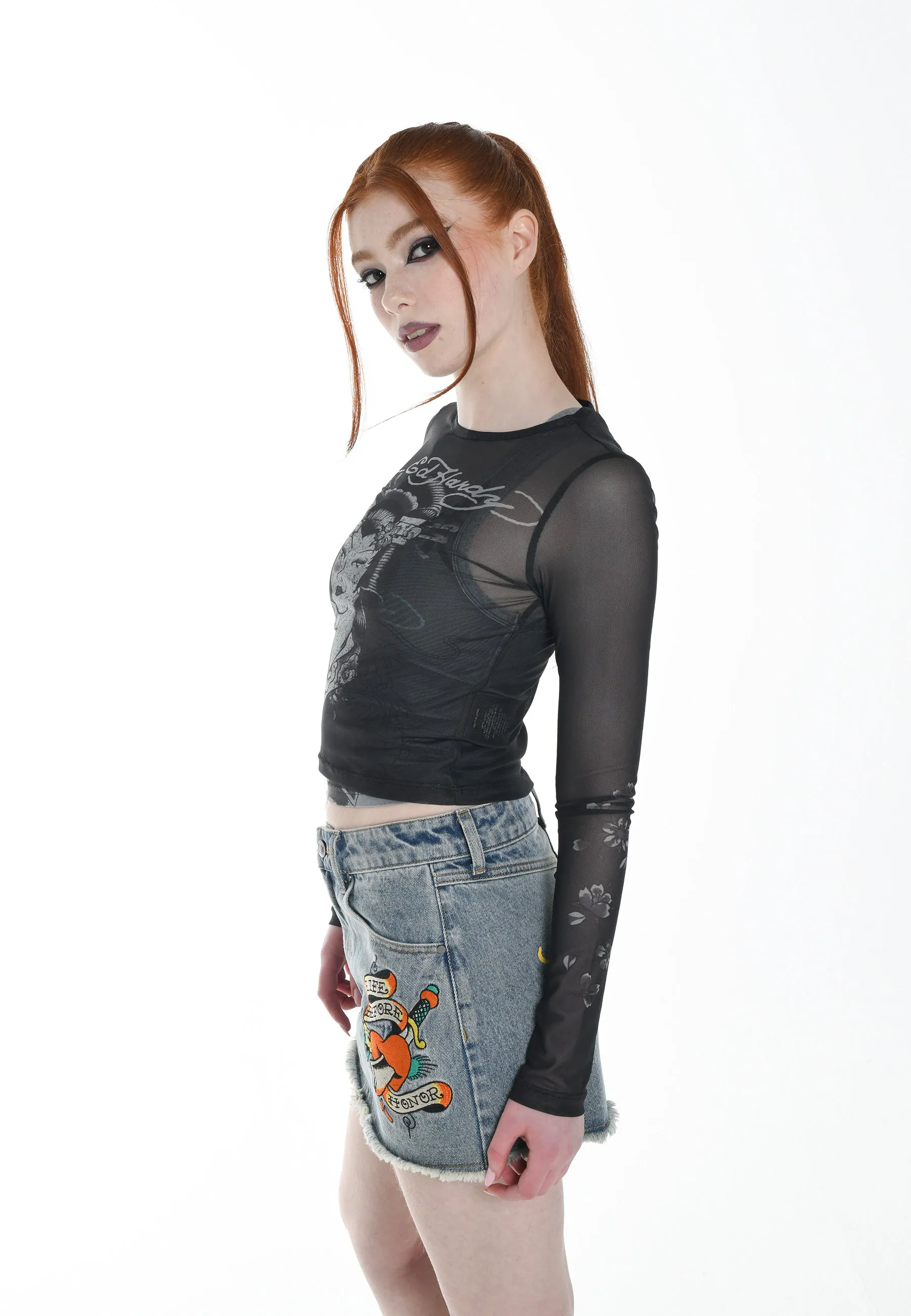 Womens Geisha-Girl Mesh Long Sleeved T-Shirt - Black