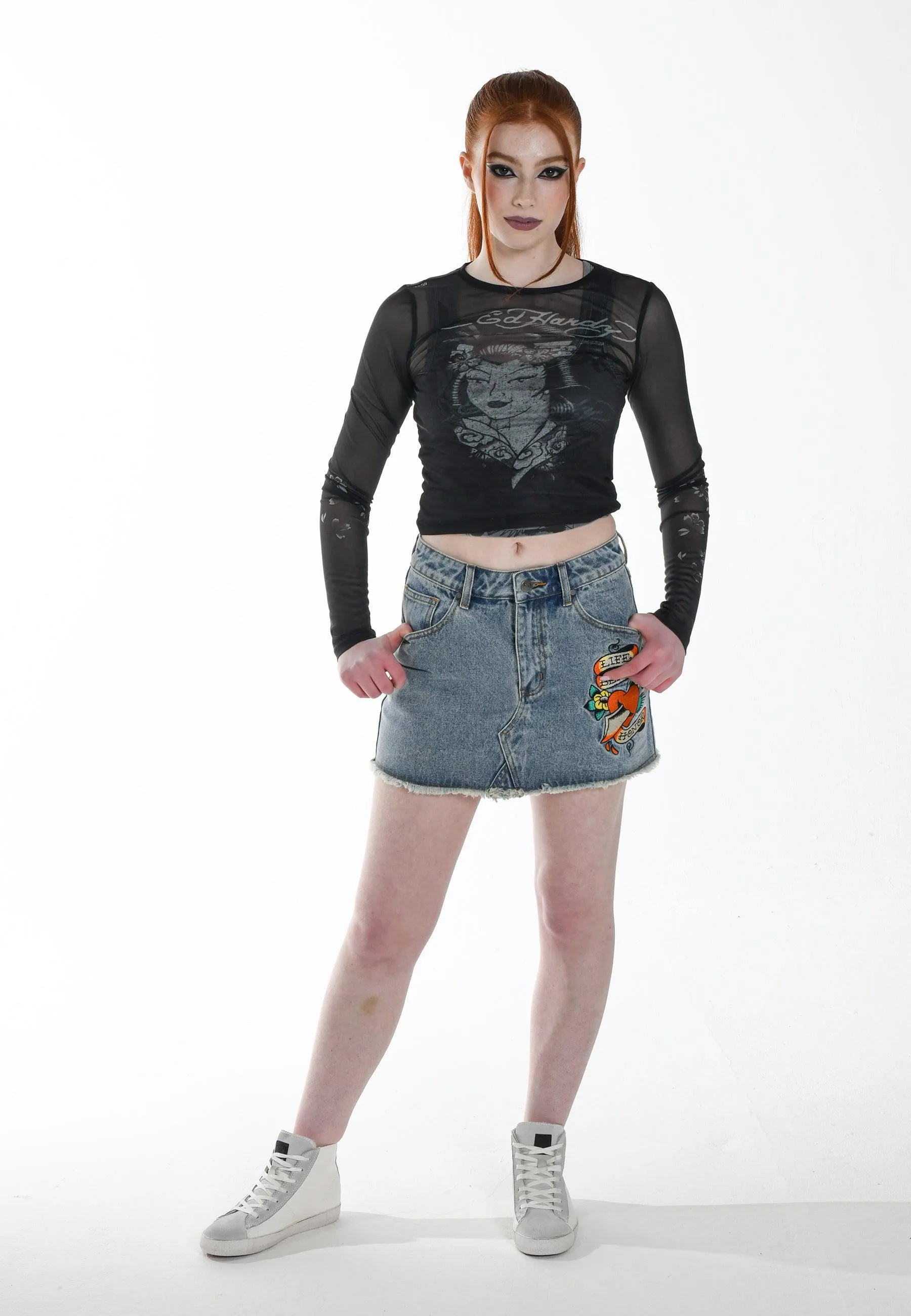 Womens Geisha-Girl Mesh Long Sleeved T-Shirt - Black
